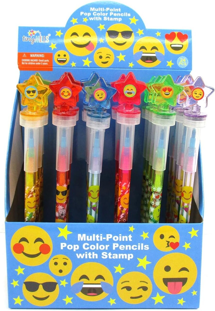 TINYMILLS 24 Pcs Emoji 2 in 1 Stacking Crayons with Stamp Topper
